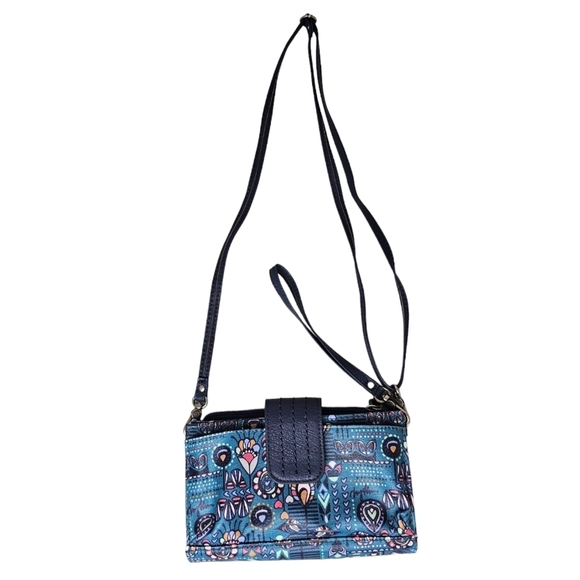 Sakroots Peacock Blue Floral Canvas Coated Smartphone Wallet Crossbody Bag - Picture 1 of 15